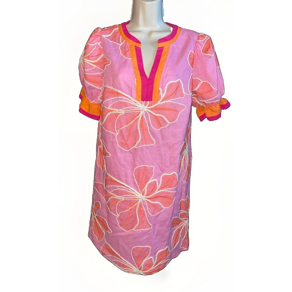 VOY Pink Orange Embroidered Dress XS Linen Blend Boho Floral V-Neck